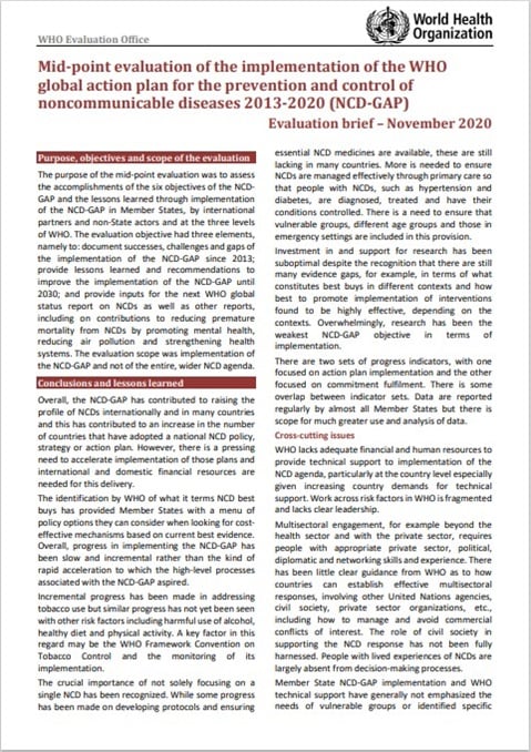 Mid-point evaluation of the implementation of the WHO
global action plan for the prevention and control of
noncommunicable diseases 2013-2020 (NCD-GAP): Evaluation brief – November 2020
